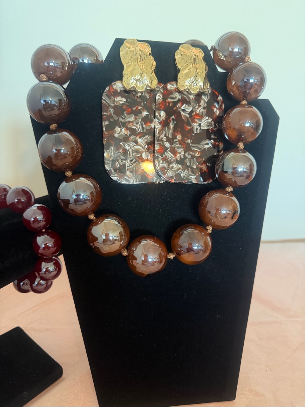 Brown Bead Necklace , Bracelet Statement Earrings Set